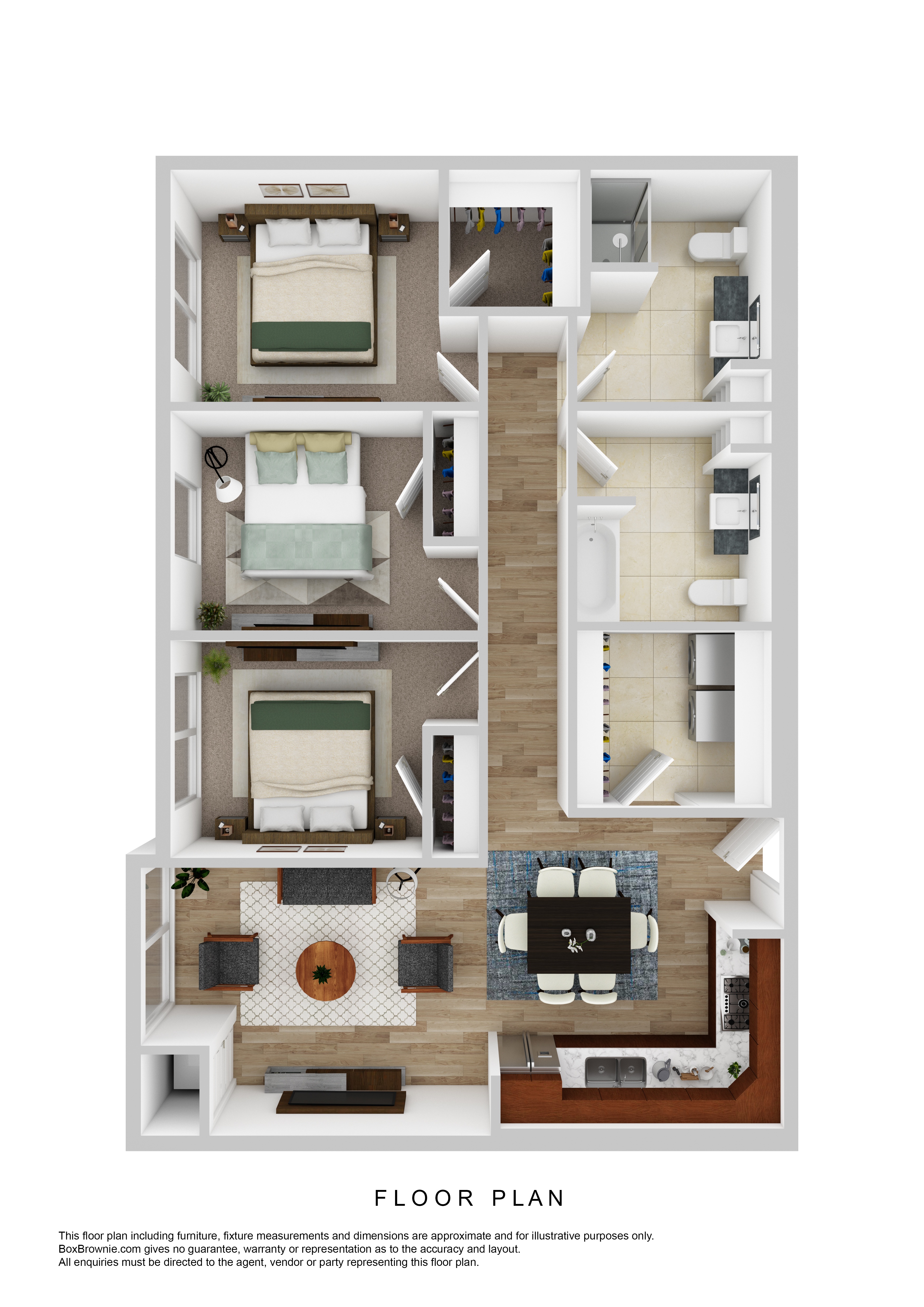 Floor plan for 3 beds, 2 baths, 1195 sqft
